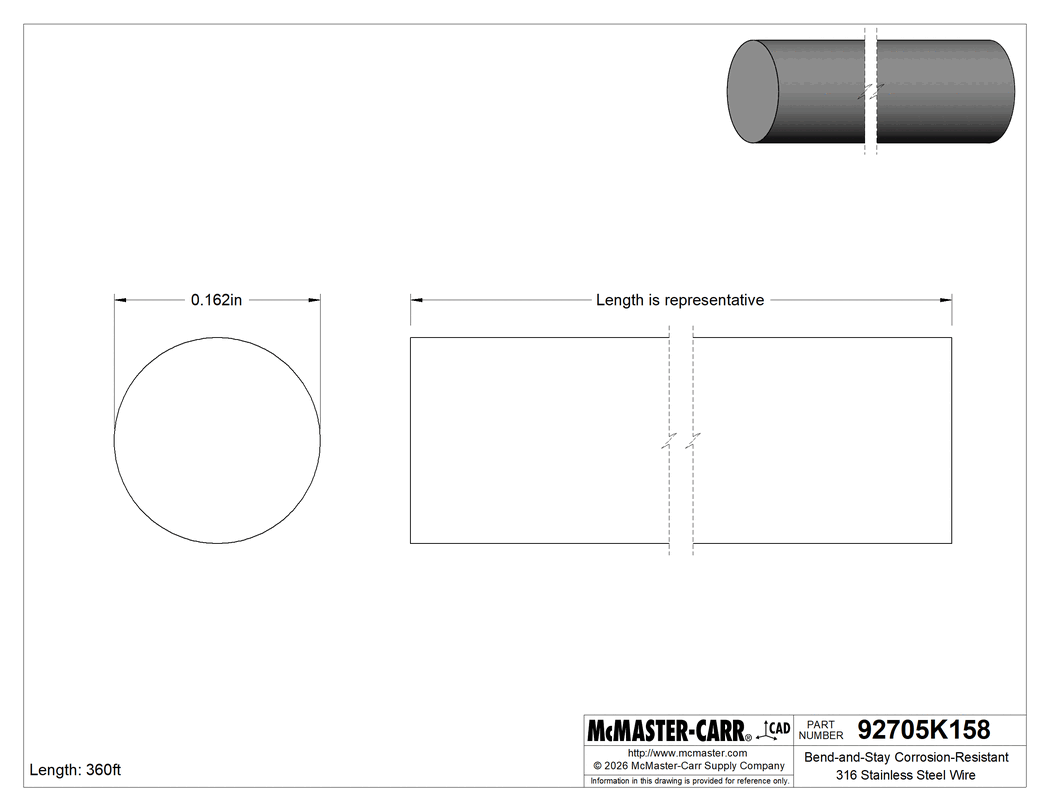 Technical Drawing of Bend-and-Stay Corrosion-Resistant 316 Stainless Steel Wire, 30 Feet Long Coil, Matte, 0.162" Diameter.